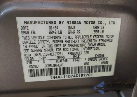 2004 Nissan Altima 2.5 Sl z USA, uszkodzony, nr VIN 1N4AL11D74C197701